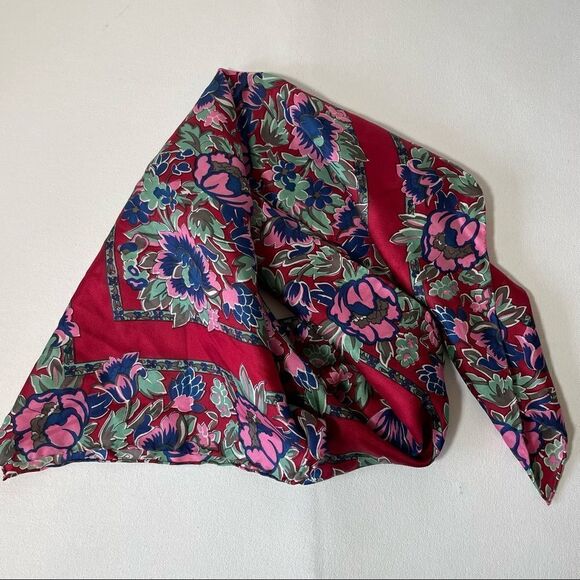Silk scarf peonies in bloom rich reds greens and blues - Picture 5 of 10